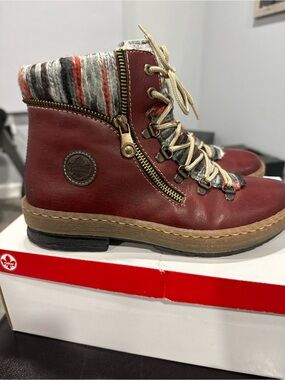 Rieker Burgundy Leather Lace-Up Ankle Boots with Striped Knit Collar